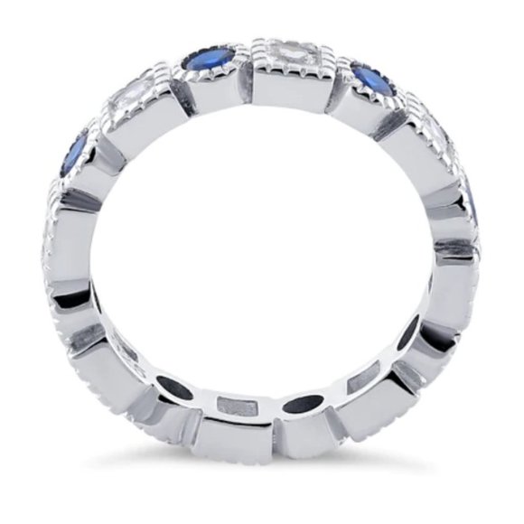 925 STERLING SILVER Blue Spinel & Clear CZ Bezel Set Eternity Band Ring - Picture 13 of 14